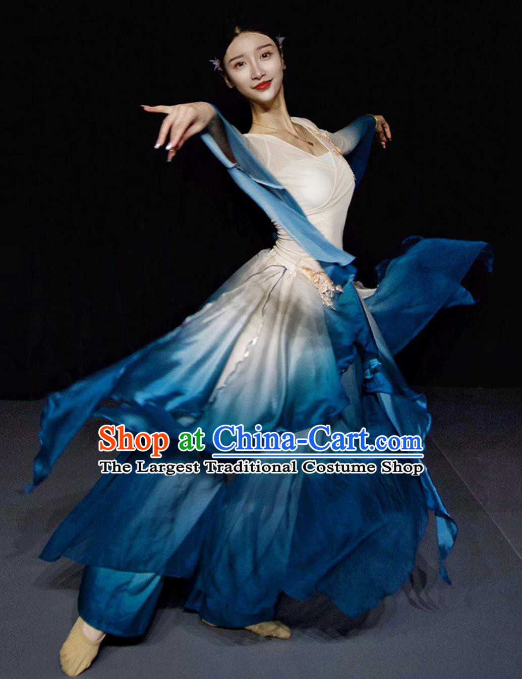 Zui Qing Bo Woman Solo Dance Clothing China Umbrella Dance Blue Dress Traditional Chinese Classical Dance Costume