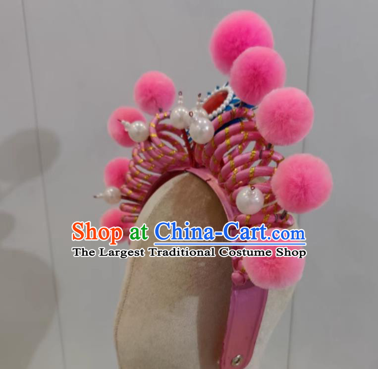China Beijing Opera Swordswoman Pink Hat Handmade Chinese Beijing Opera Female Warrior Headgear Traditional Opera Helmet