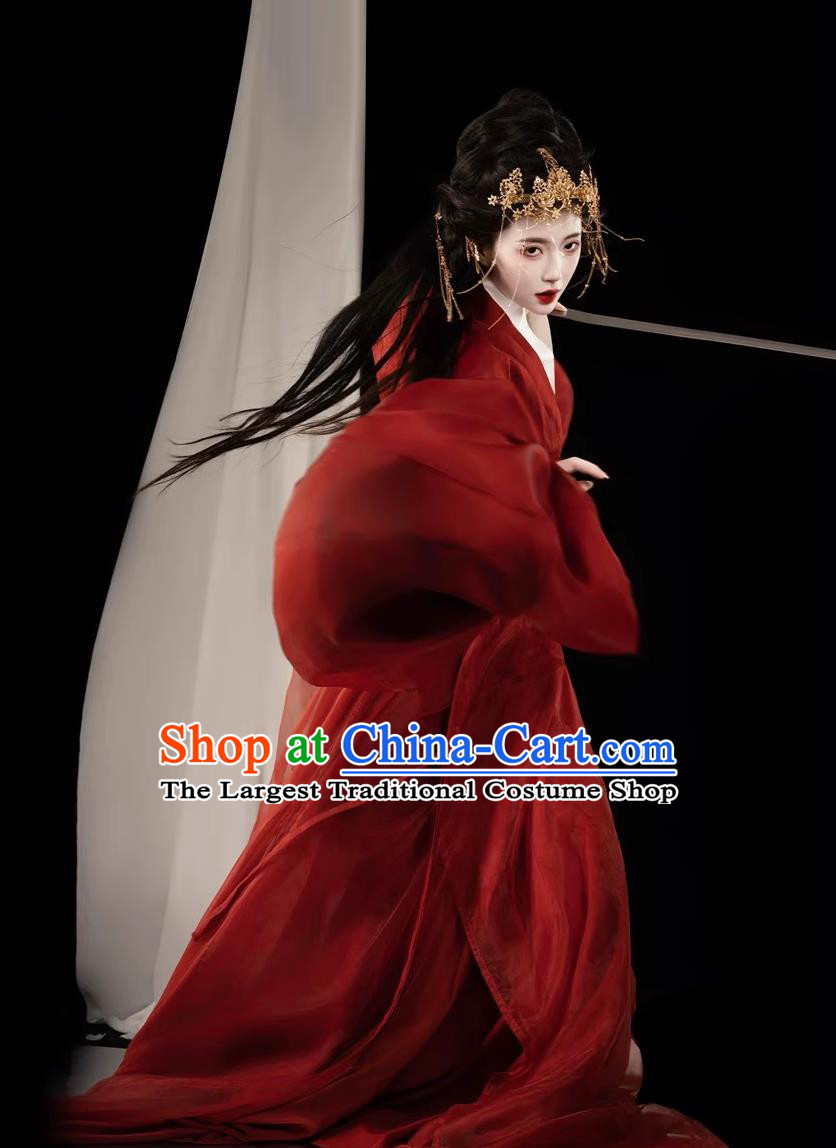 China Ancient Palace Princess Clothing Swordswoman Costume Traditional Chinese Hanfu Red Warring States Robe