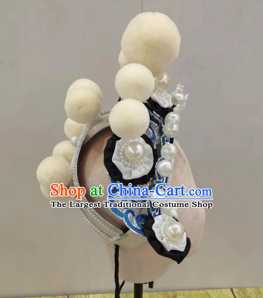 Handmade Traditional Opera White Pompons Helmet China Beijing Opera Wusheng Headpiece Chinese Beijing Opera Mourning Headgear