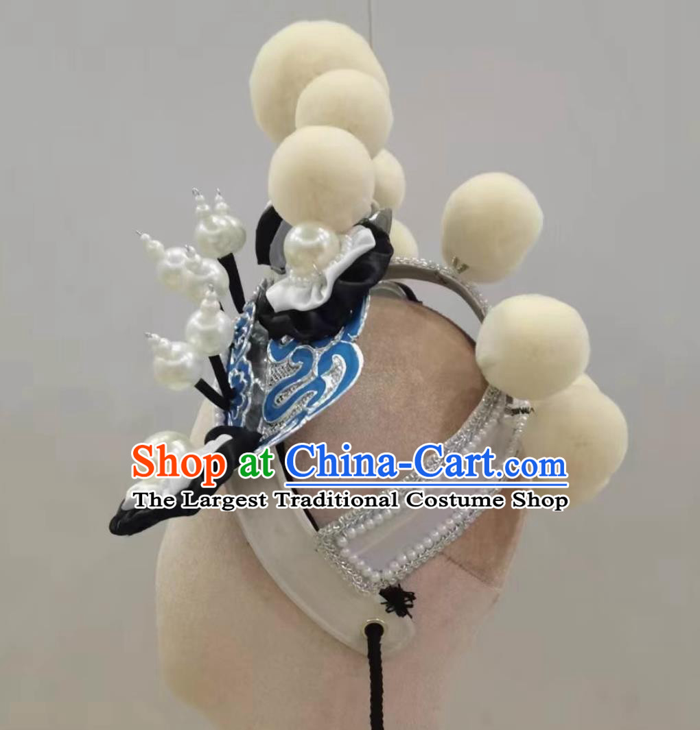 Handmade Traditional Opera White Pompons Helmet China Beijing Opera Wusheng Headpiece Chinese Beijing Opera Mourning Headgear