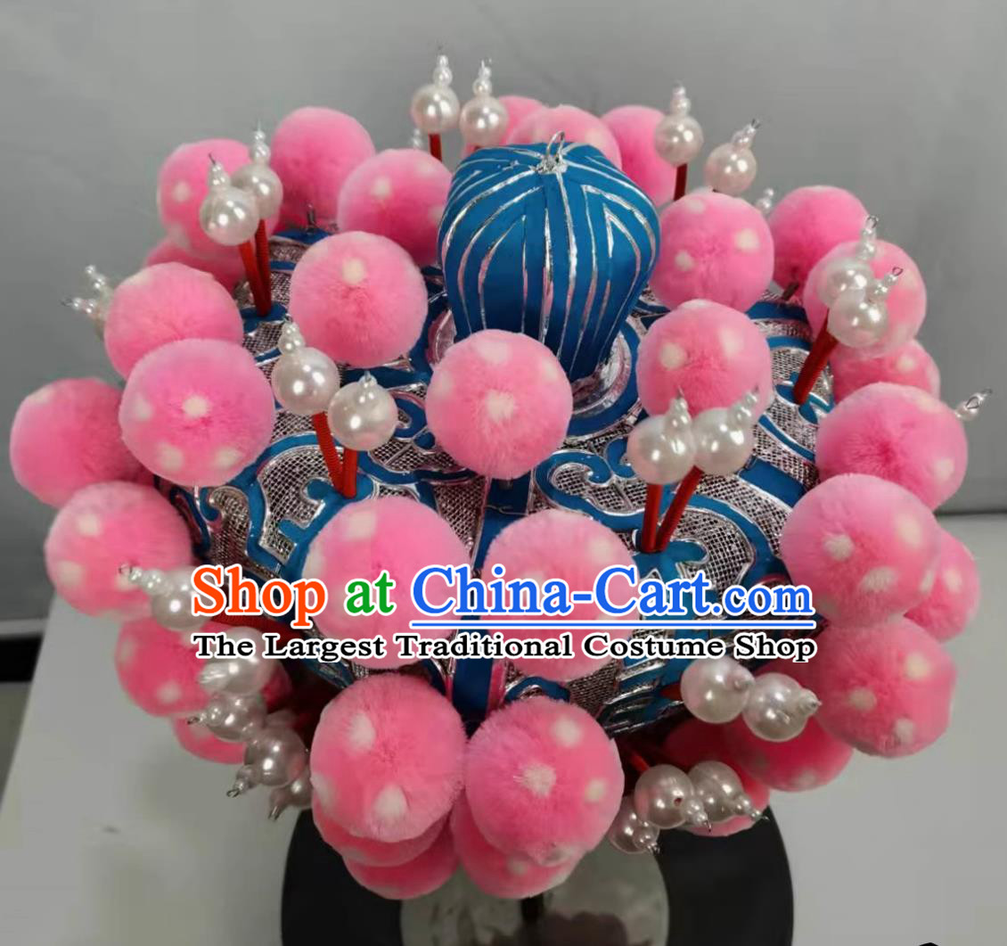 China Beijing Opera Hero Helmet Chinese Peking Opera Wusheng Headgear Handmade Traditional Opera Pink Pompons Hat