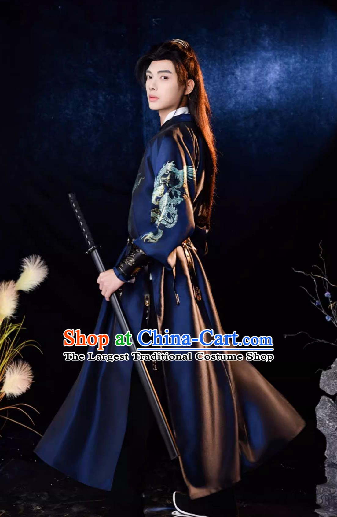 China Tang Dynasty Swordsman Costume Chinese Traditional Hanfu Navy Round Collar Robe Ancient Young Hero Clothing