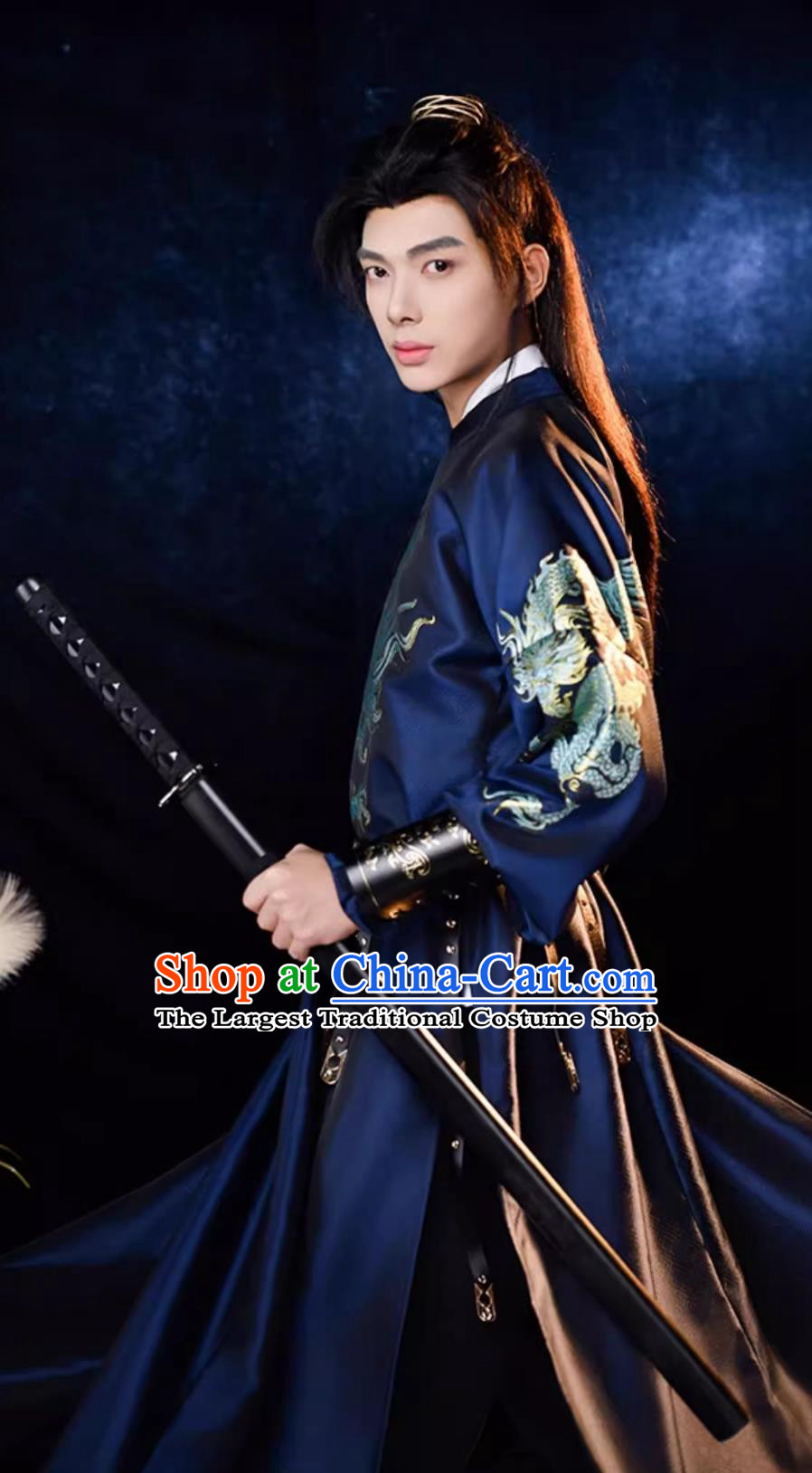 China Tang Dynasty Swordsman Costume Chinese Traditional Hanfu Navy Round Collar Robe Ancient Young Hero Clothing