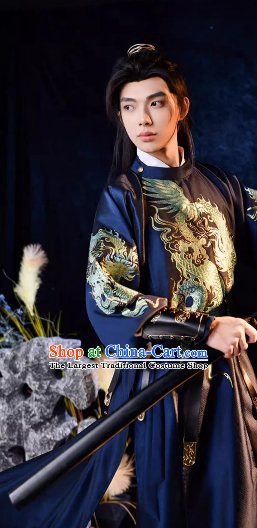 China Tang Dynasty Swordsman Costume Chinese Traditional Hanfu Navy Round Collar Robe Ancient Young Hero Clothing