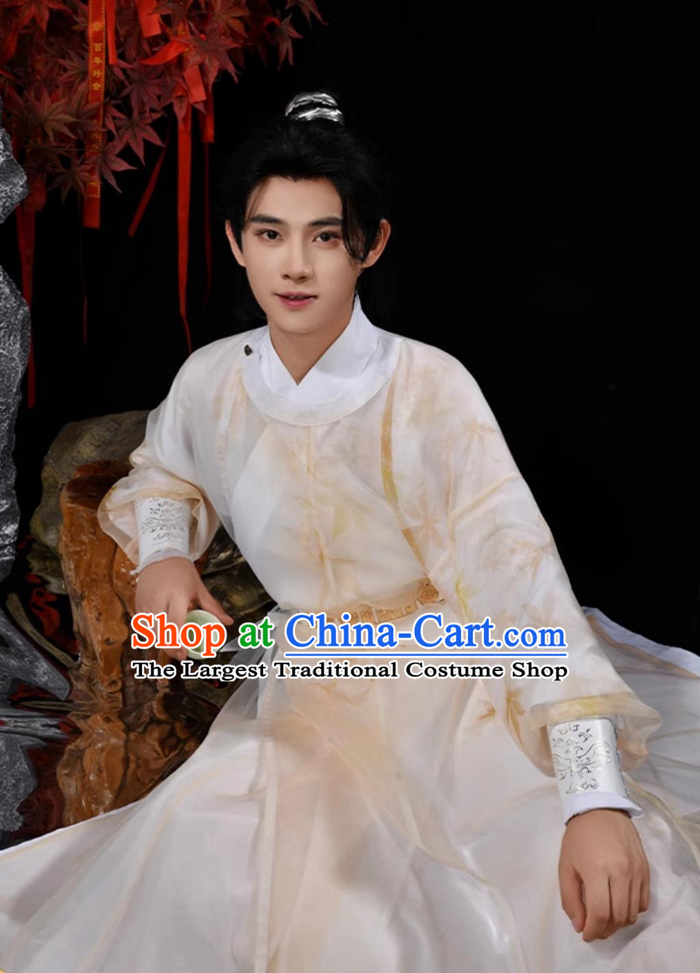 China Ancient Swordsman Clothing Tang Dynasty Young Man Costume Traditional Chinese Hanfu Beige Round Collar Robe Set