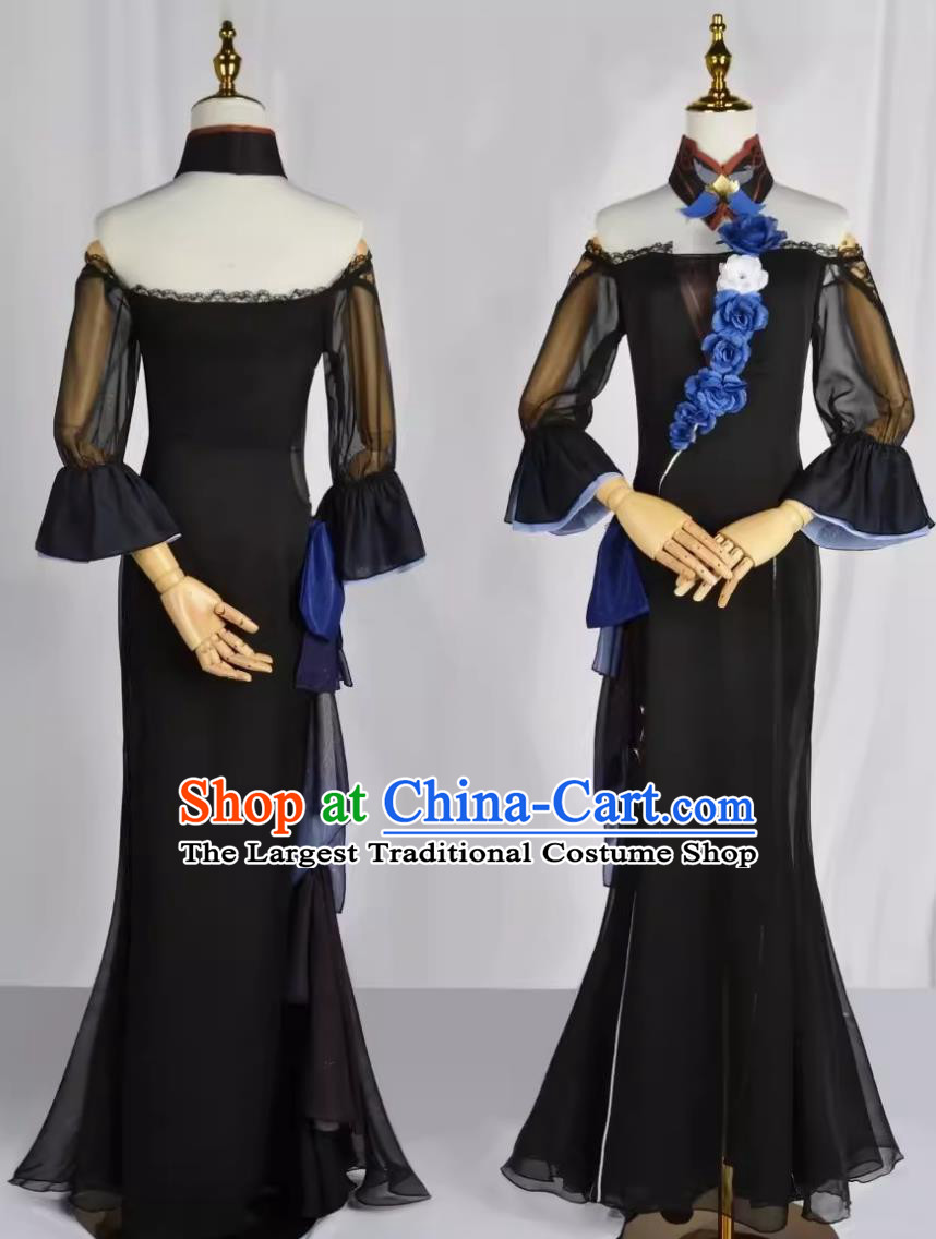 Costume Set For Cosplay As Eula From Genshin Impact Featuring Black Full Dress