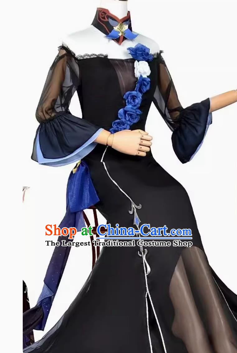 Costume Set For Cosplay As Eula From Genshin Impact Featuring Black Full Dress