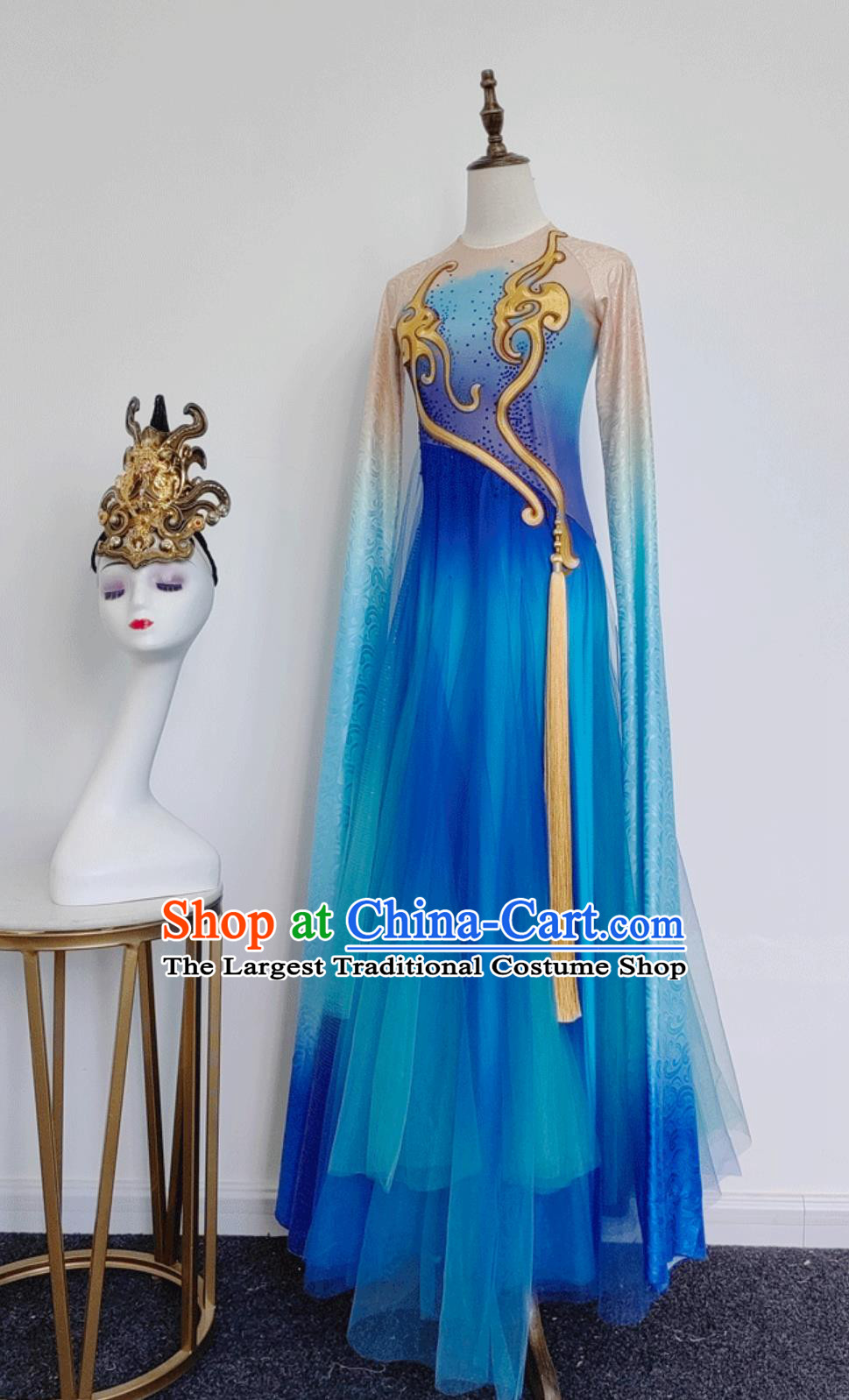 China Han Tang Dance Costume Chinese Classical Dance Clothing Long Sleeve Dance Blue Dress