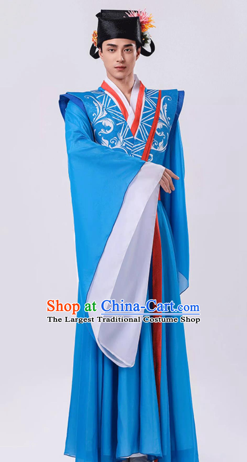 China Song Dynasty Young Childe Costume Traditional Blue Hanfu Robe Chinese Lantern Festival Classical Dance Clothing