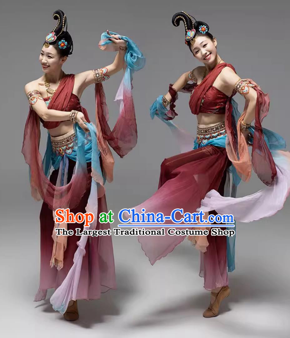 Chinese Flying Dance Costume Dunhuang Apsaras Wine Red Dress Women Group Stage Performance Clothing