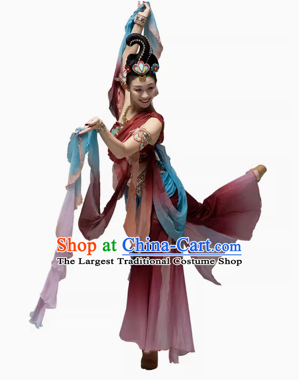 Chinese Flying Dance Costume Dunhuang Apsaras Wine Red Dress Women Group Stage Performance Clothing