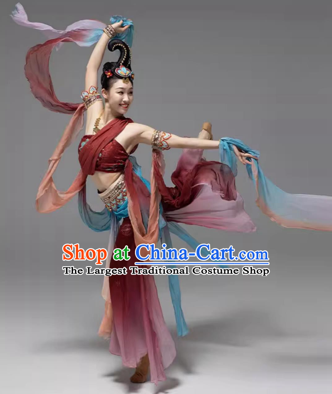 Chinese Flying Dance Costume Dunhuang Apsaras Wine Red Dress Women Group Stage Performance Clothing