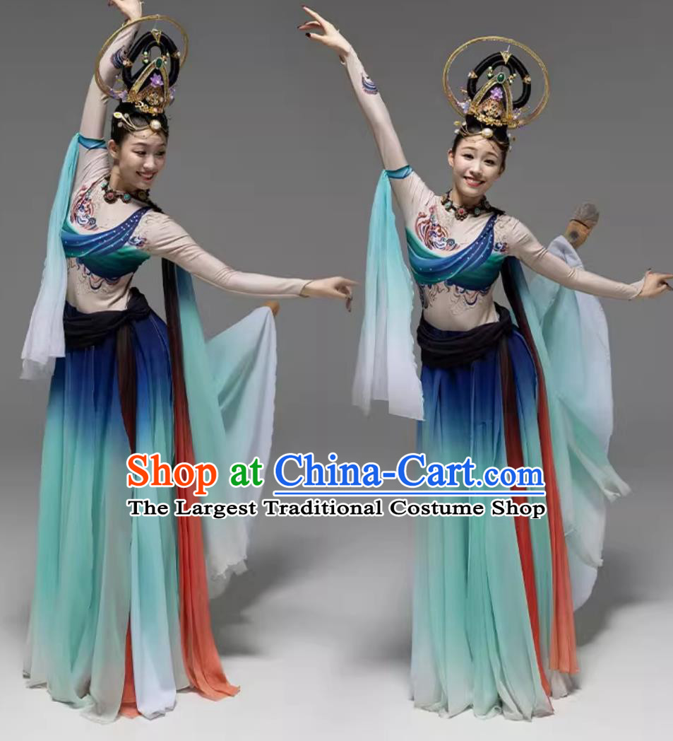 Women Group Stage Performance Clothing Chinese Dunhuang Apsaras Dance Costume Flying Dance Blue Dress