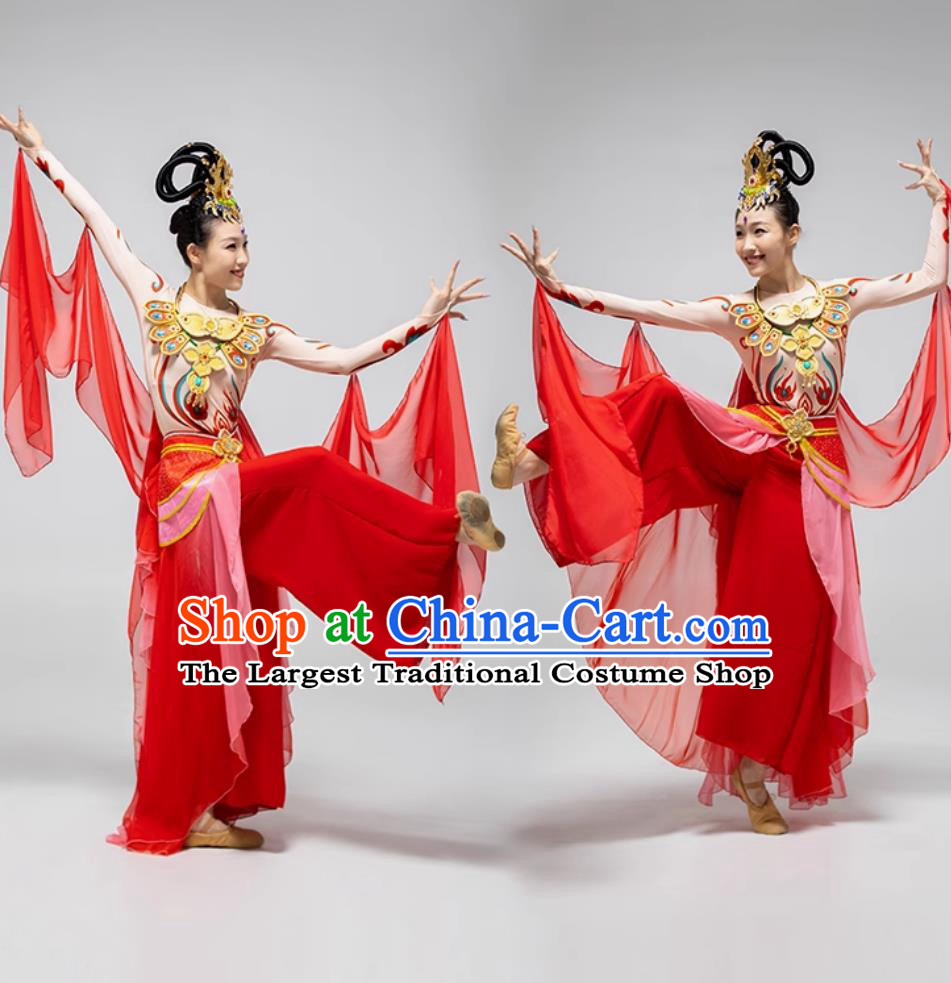 Chinese Dunhuang Flying Apsaras Dance Costume Women Group Stage Performance Clothing Pipa Dance Red Dress