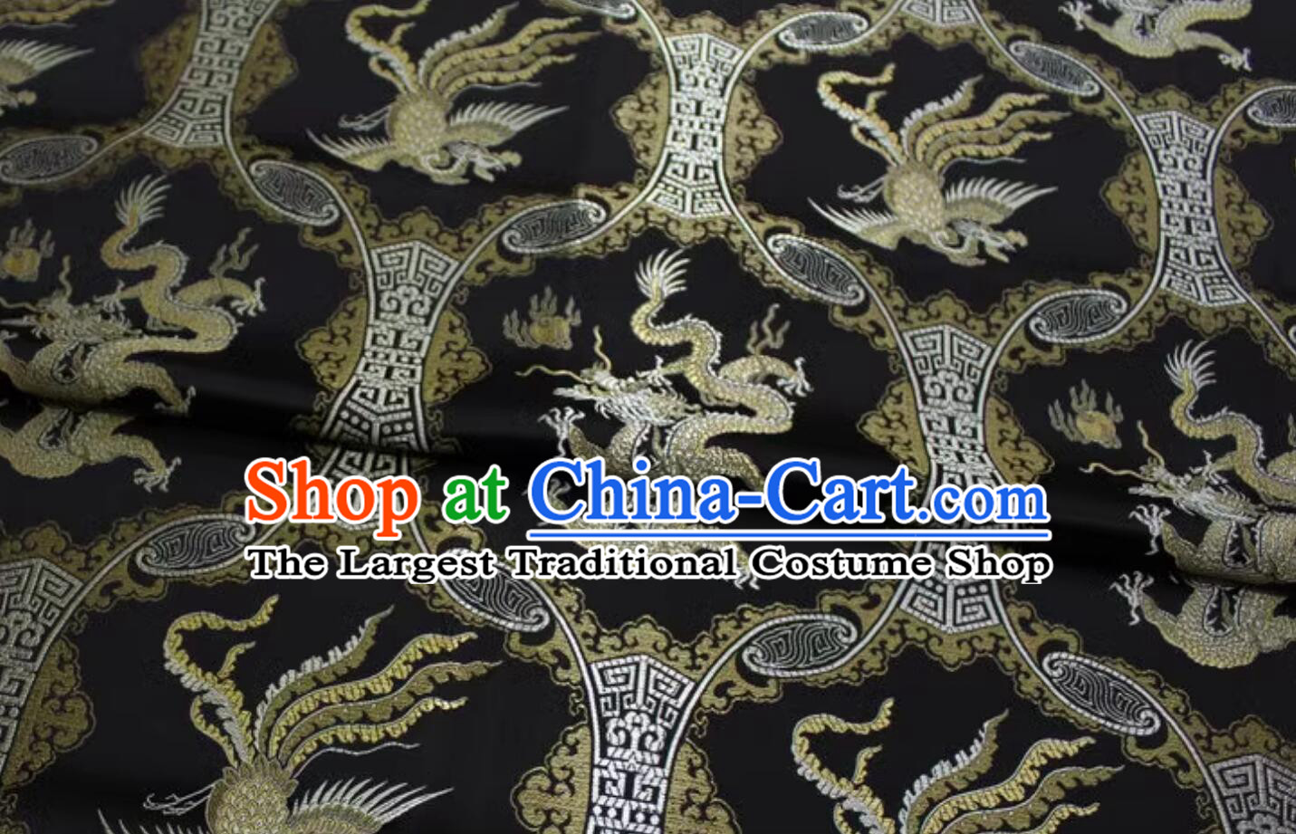 Black Brocade Chinese Traditional Dragon and Phoenix Pattern Fabric Chinese Qipao Material