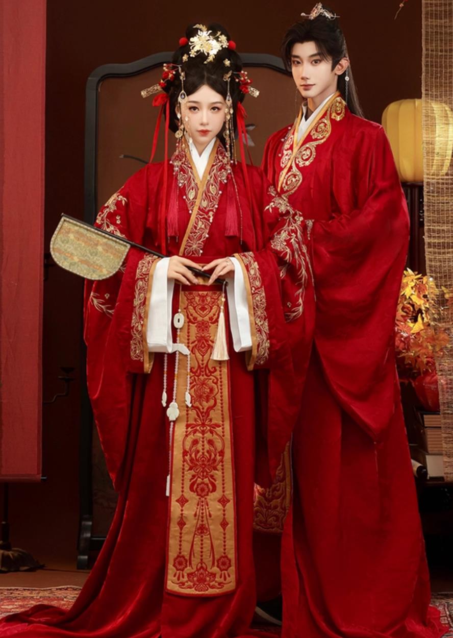 Chinese Hanfu Wedding Dresses Ancient Warring States Robes Bride and Groom Embroidery Costumes Complete Set