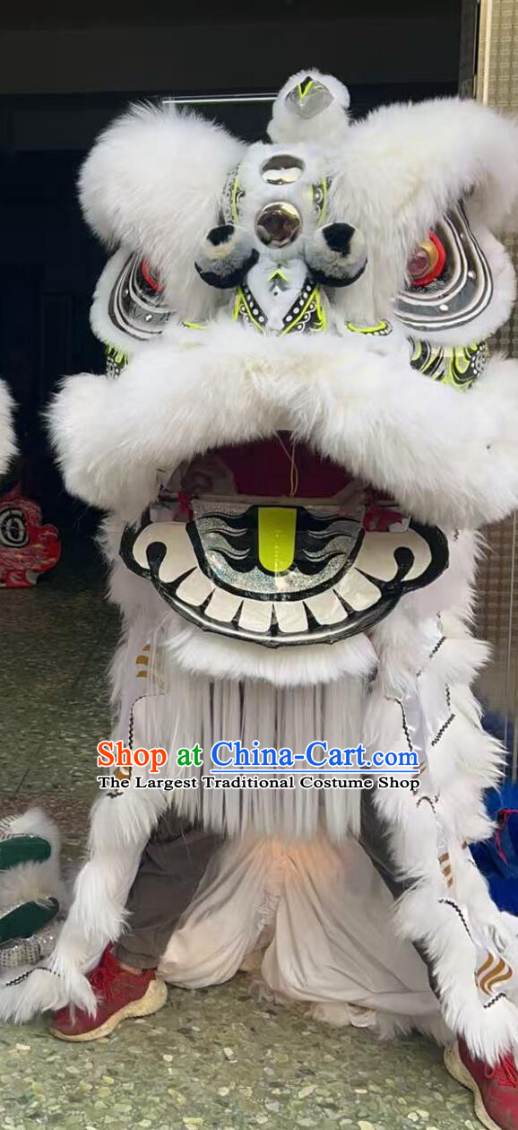 Handmade Lao Fu Zi Lion Head Chinese White Wool Lion Dance Clothing Festival Dancing Lion Costume Complete Set