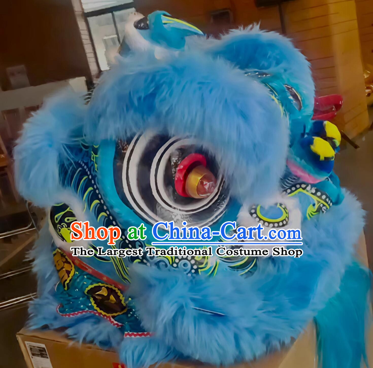 Festival Dancing Lion Costume Handmade Lao Fu Zi Lion Head Chinese Blue Wool Lion Dance Clothing Complete Set