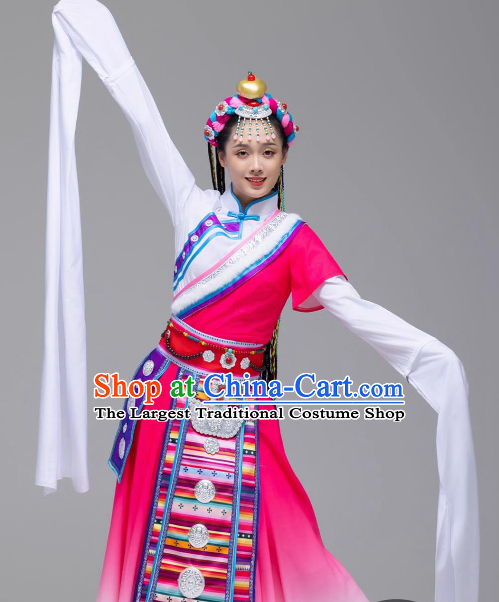 Magenta Tibetan Ceremonial Dress Chinese Ethnic Dance Costume Zang Minority Performance Dress
