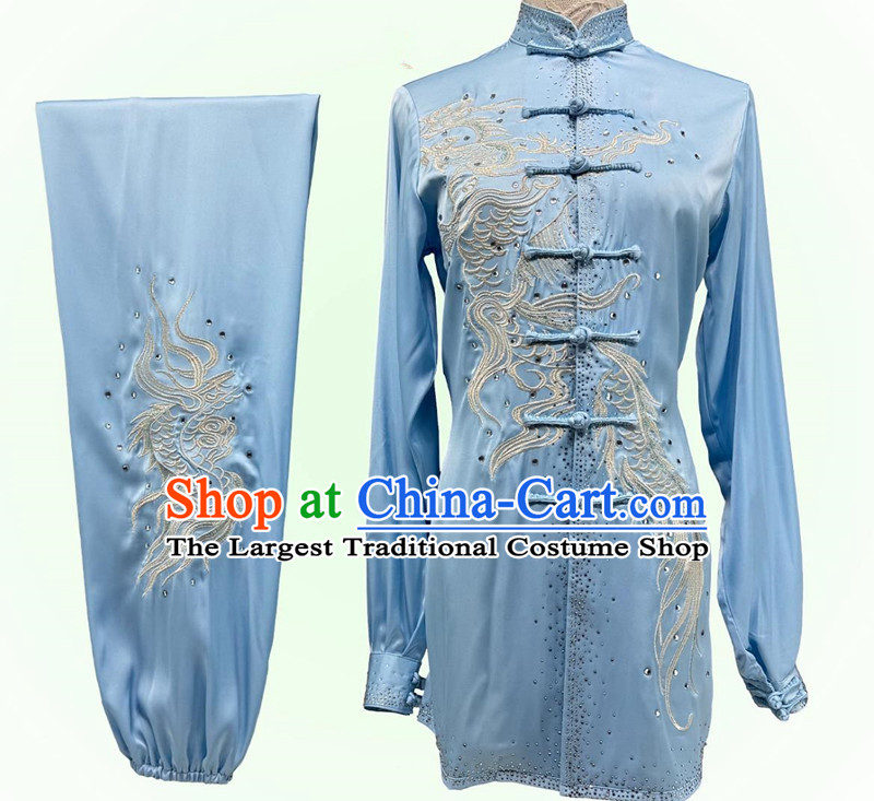 Silver Embroidery Starry Sky Tai Chi Suit Wushu Competition Blue Uniform Chinese Martial Arts Performance Clothing