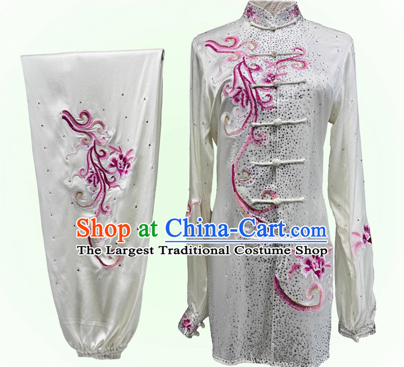 Embroidery Starry Sky Diamonds Tai Chi Suit Wushu Competition White Uniform Chinese Martial Arts Performance Clothing