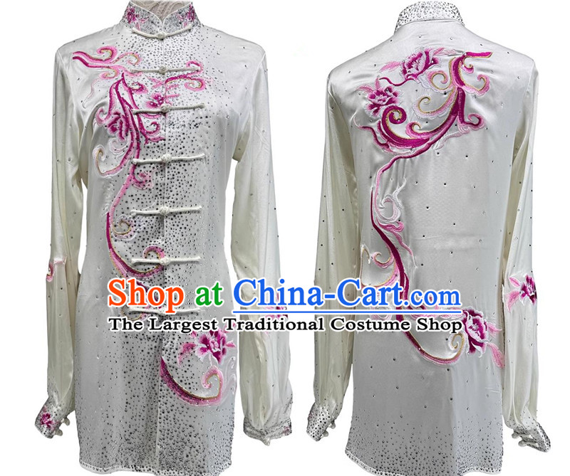 Embroidery Starry Sky Diamonds Tai Chi Suit Wushu Competition White Uniform Chinese Martial Arts Performance Clothing