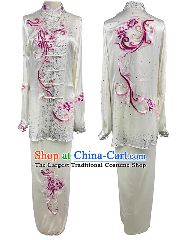 Embroidery Starry Sky Diamonds Tai Chi Suit Wushu Competition White Uniform Chinese Martial Arts Performance Clothing