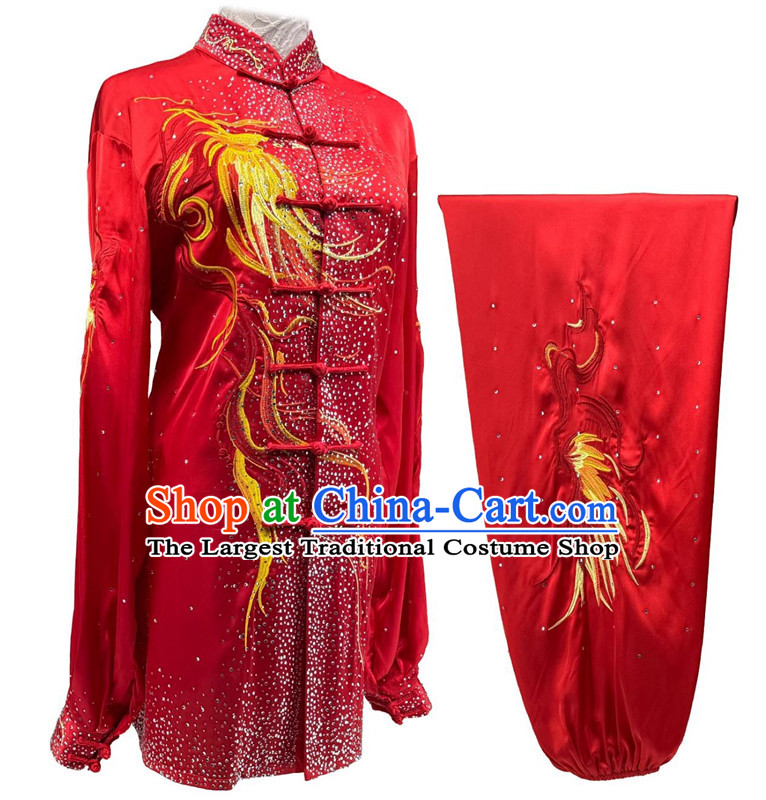 Chinese Martial Arts Performance Clothing Embroidery Phoenix Starry Sky Diamonds Tai Chi Suit Wushu Competition Red Uniform