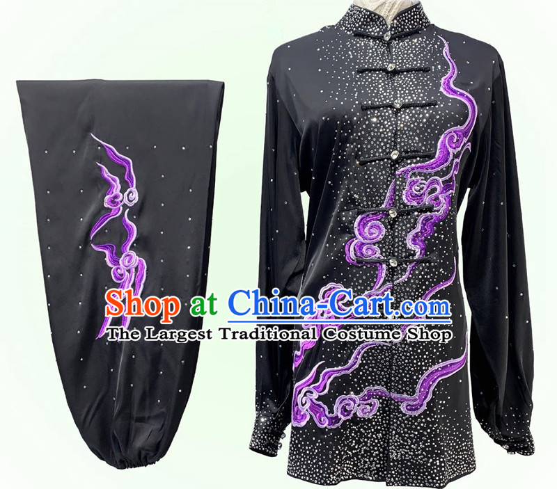 Top Wushu Competition Costume Chinese Kung Fu Performance Embroidery Clothing Bright Diamond Shining Black Tai Chi Suit