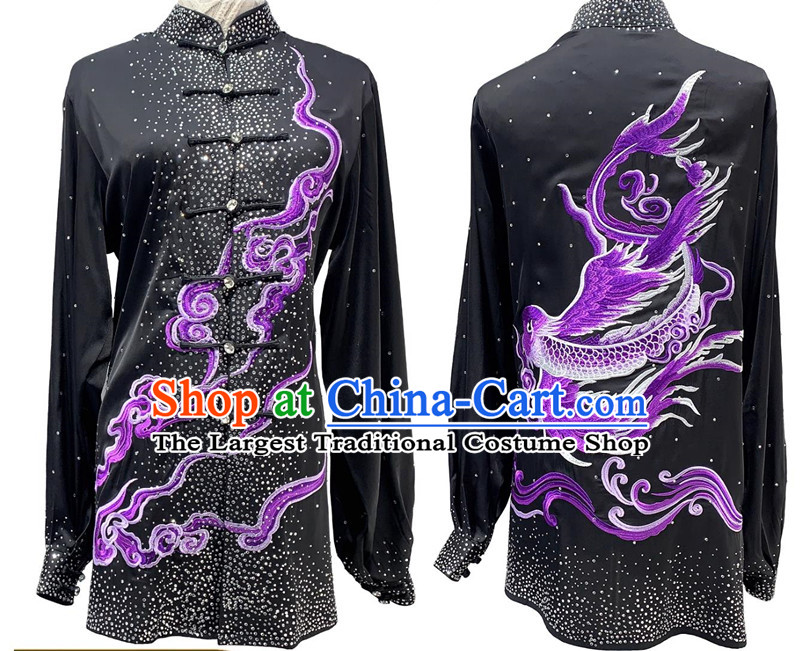 Top Wushu Competition Costume Chinese Kung Fu Performance Embroidery Clothing Bright Diamond Shining Black Tai Chi Suit