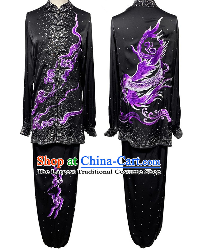 Top Wushu Competition Costume Chinese Kung Fu Performance Embroidery Clothing Bright Diamond Shining Black Tai Chi Suit