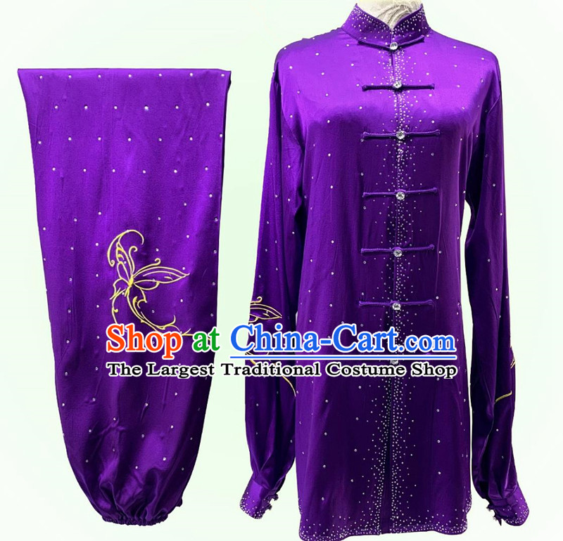 Chinese Wushu Competition Costume Professional Kung Fu Performance Clothing Purple Shining Bright Diamond Embroidery Tai Chi Suit