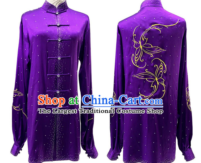 Chinese Wushu Competition Costume Professional Kung Fu Performance Clothing Purple Shining Bright Diamond Embroidery Tai Chi Suit