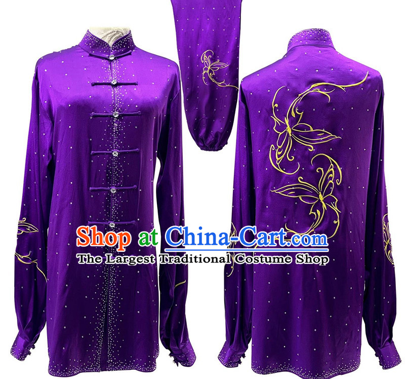 Chinese Wushu Competition Costume Professional Kung Fu Performance Clothing Purple Shining Bright Diamond Embroidery Tai Chi Suit