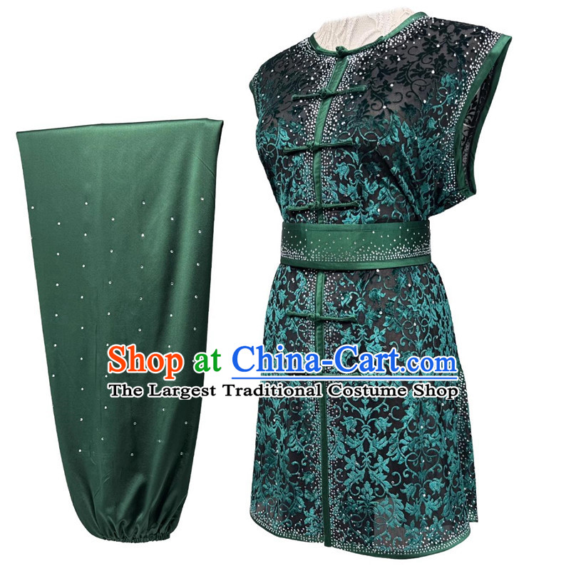 Chinese Kung Fu Clothing Semi Transparent Burnout Diamonds Southern Fist Nanquan Performance Costume Wushu Competition Green Uniform for Men