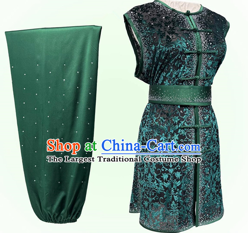 Chinese Kung Fu Clothing Semi Transparent Burnout Diamonds Southern Fist Nanquan Performance Costume Wushu Competition Green Uniform for Men