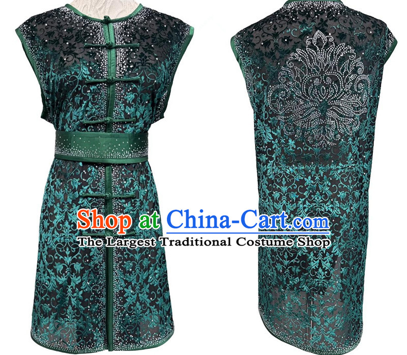 Chinese Kung Fu Clothing Semi Transparent Burnout Diamonds Southern Fist Nanquan Performance Costume Wushu Competition Green Uniform for Men