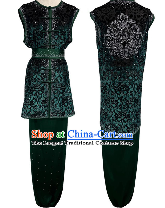 Chinese Kung Fu Clothing Semi Transparent Burnout Diamonds Southern Fist Nanquan Performance Costume Wushu Competition Green Uniform for Men