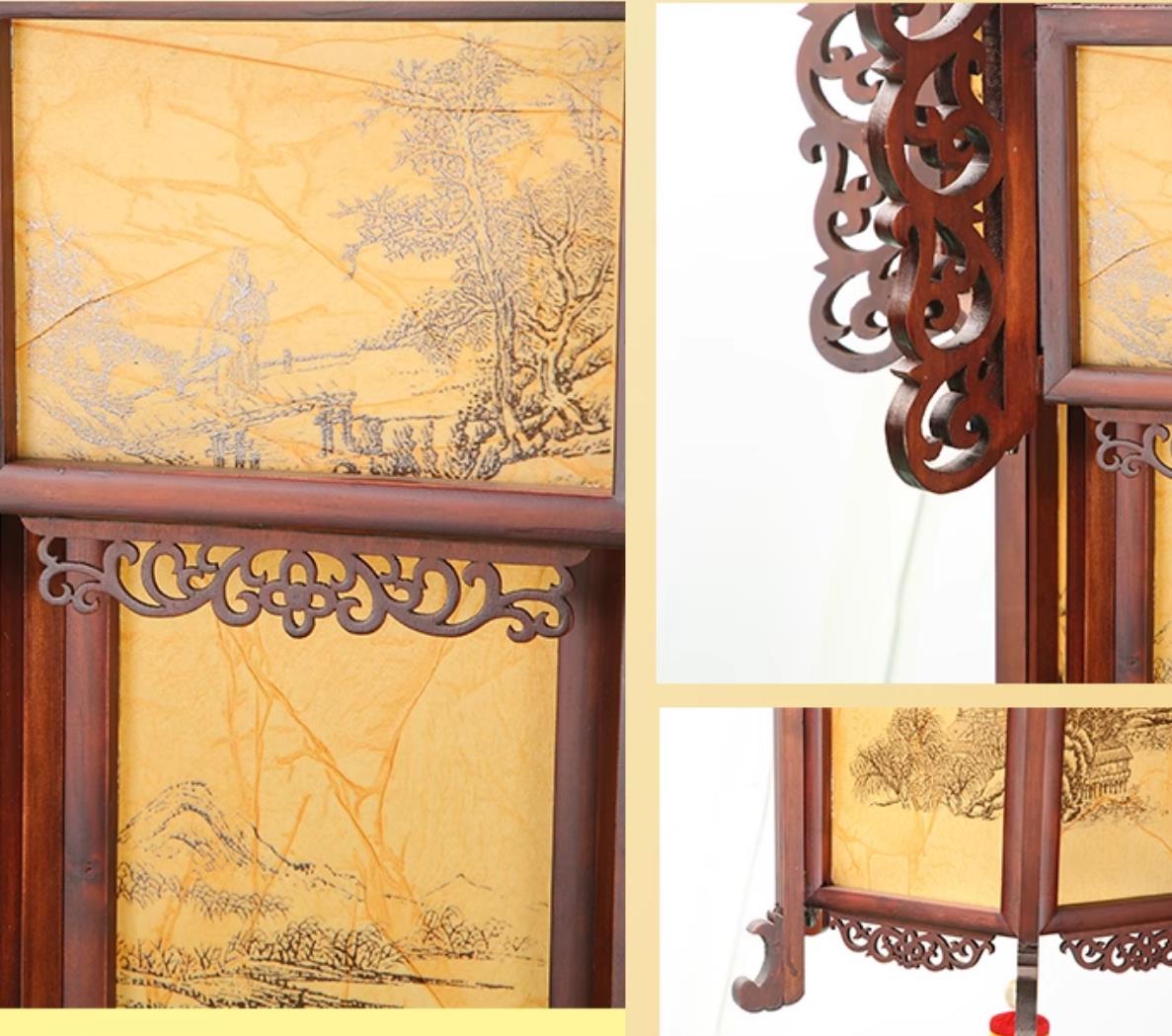 Hand Carved Hexagonal Palace Lantern Chinese Antique Wood Palace Lantern Zen Landscape Pendant Light