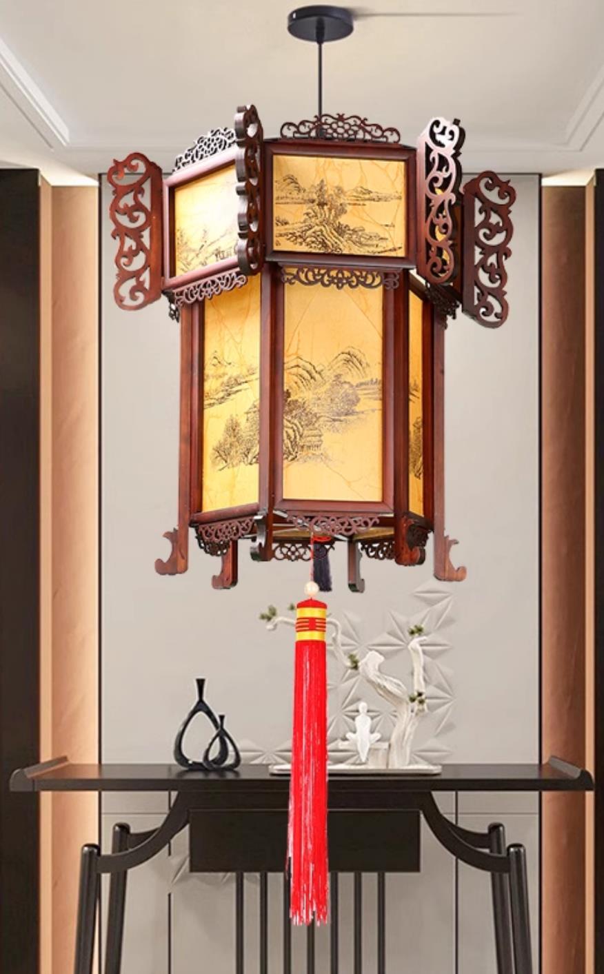 Hand Carved Hexagonal Palace Lantern Chinese Antique Wood Palace Lantern Zen Landscape Pendant Light