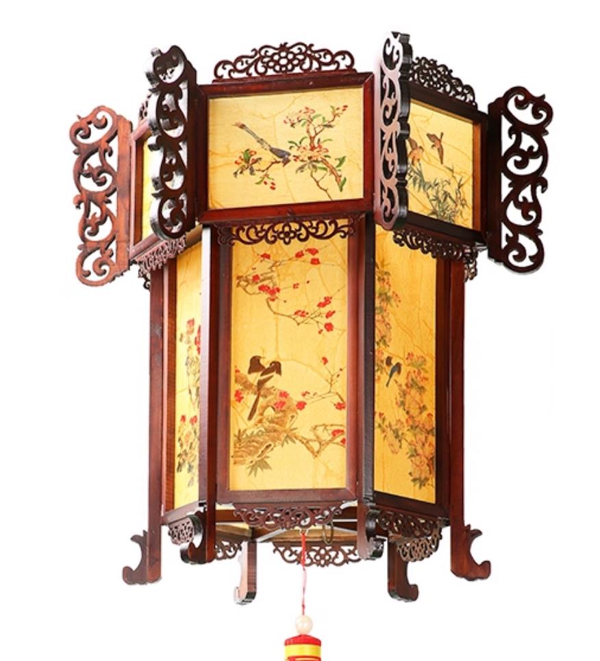 Hand Painted Bird Flower Pendant Light Carved Hexagonal Palace Lantern Chinese Antique Wood Palace Lantern