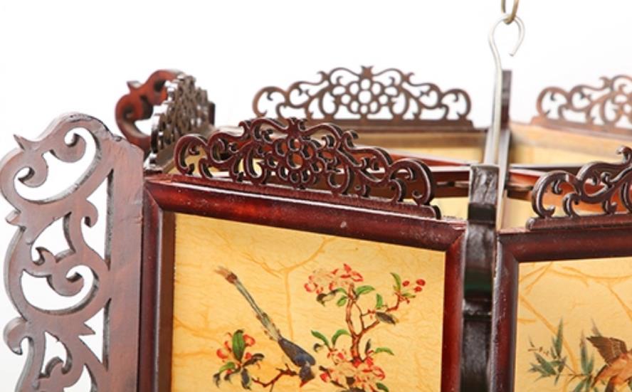 Hand Painted Bird Flower Pendant Light Carved Hexagonal Palace Lantern Chinese Antique Wood Palace Lantern