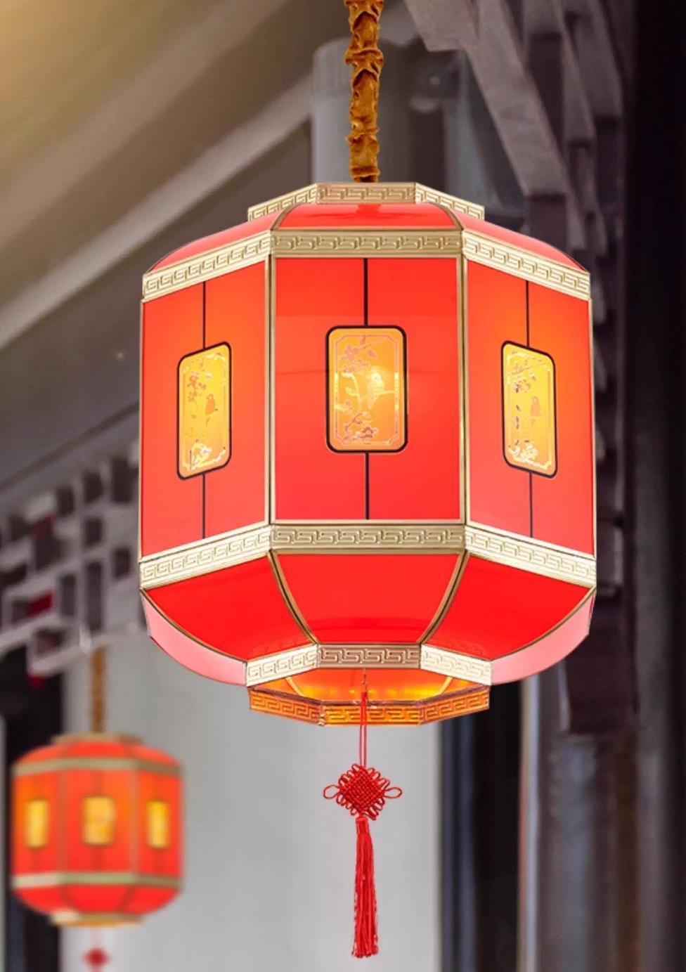 Chinese Brass Winter Melon Lantern Pendant Red Festive Spring Celebration Hanging Light