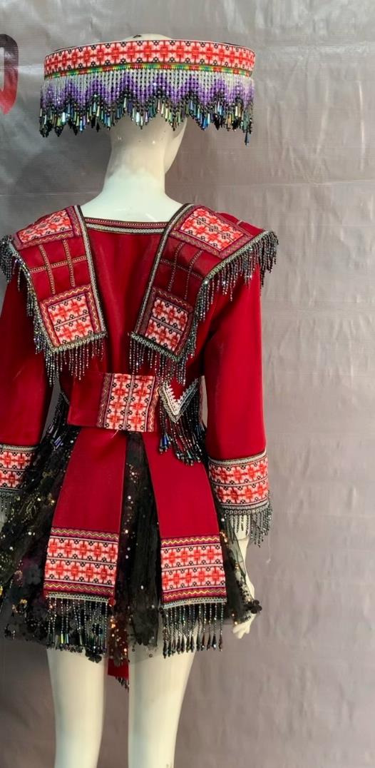 Miao Classic Red Dress Chinese Ethnic Minority Embroidery Costume Hmong Women Costume and Headwear Complete Set