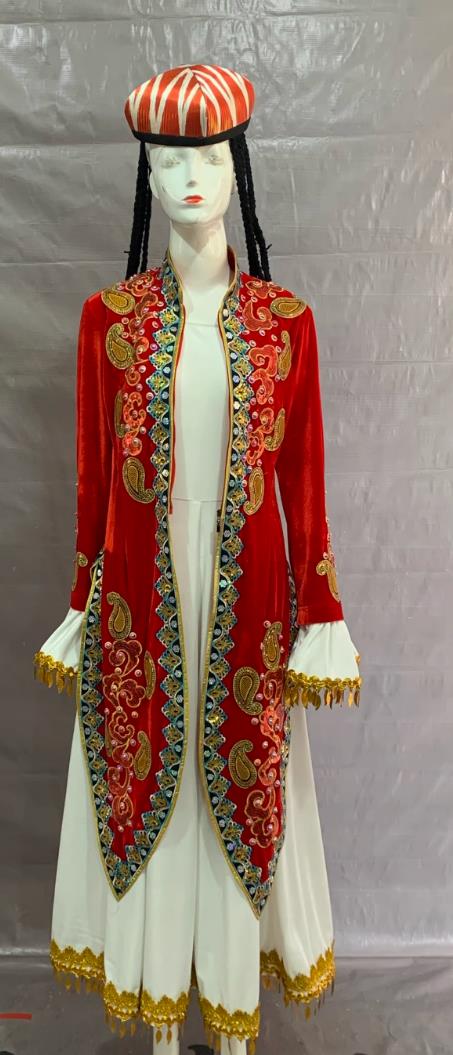Uzbek Ethnic Costume Chinese  Minority Performance Attire Red Long Dress Set