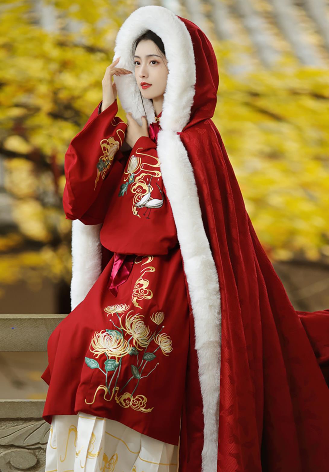 Chinese Red Cloak Hanfu Cape Women Hooded Ancient Style Costume