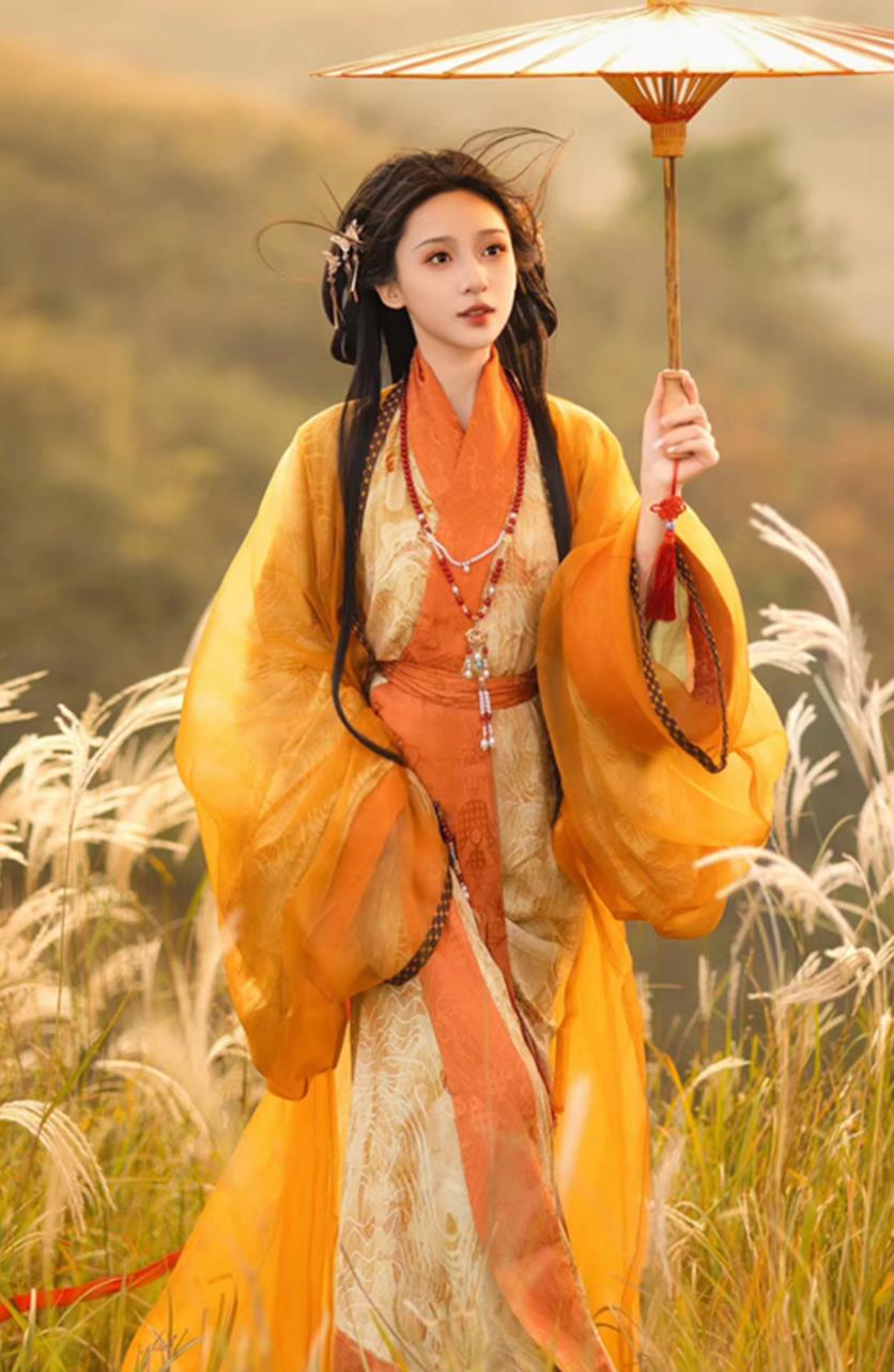 Yellow Warring States Robe Women Hanfu Chinese Wide Sleeve Gown Wei Jin Southern Northern Dynasties Costume