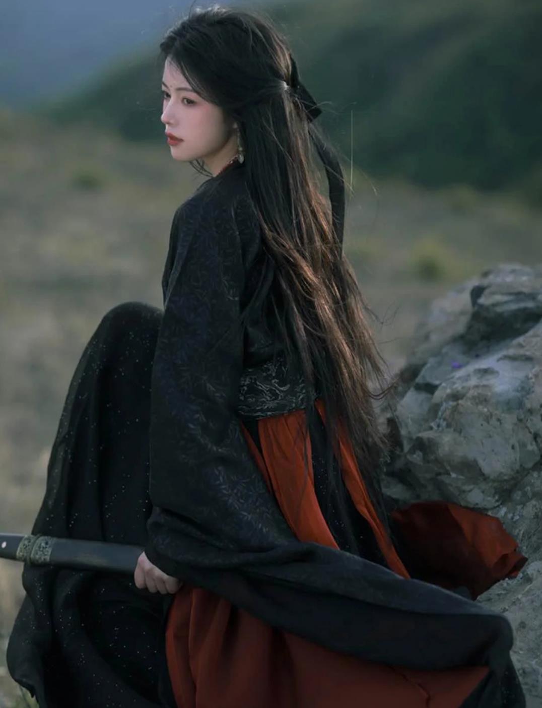 Black Hanfu Women Wei Jin Style Chivalrous Attire Ancient Swordswoman Costume Chinese Style Wide Sleeve Warring States Gown