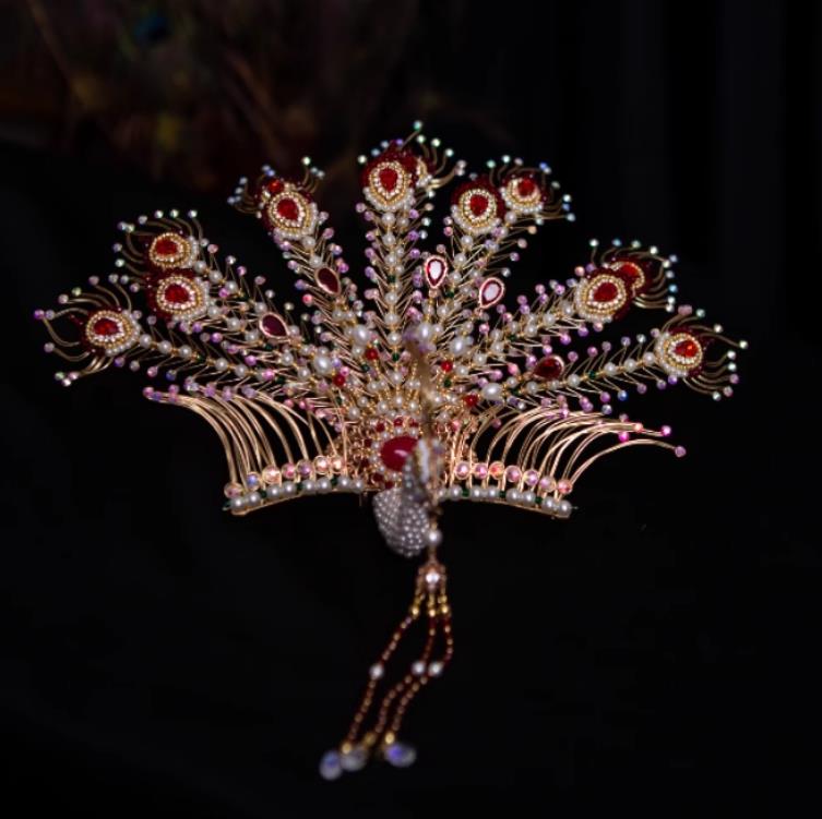 Twelve Tail Golden Phoenix Hairpin Handmade Chinese Hanfu Wedding Hair Crown